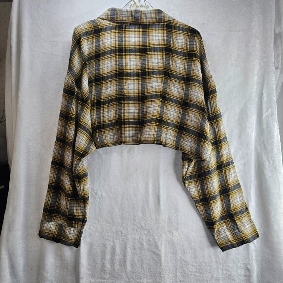 Urban Outfitter Yellow Cropped Top Plaid Button Up Shirt Long Sleeve Size M - Picture 2 of 9